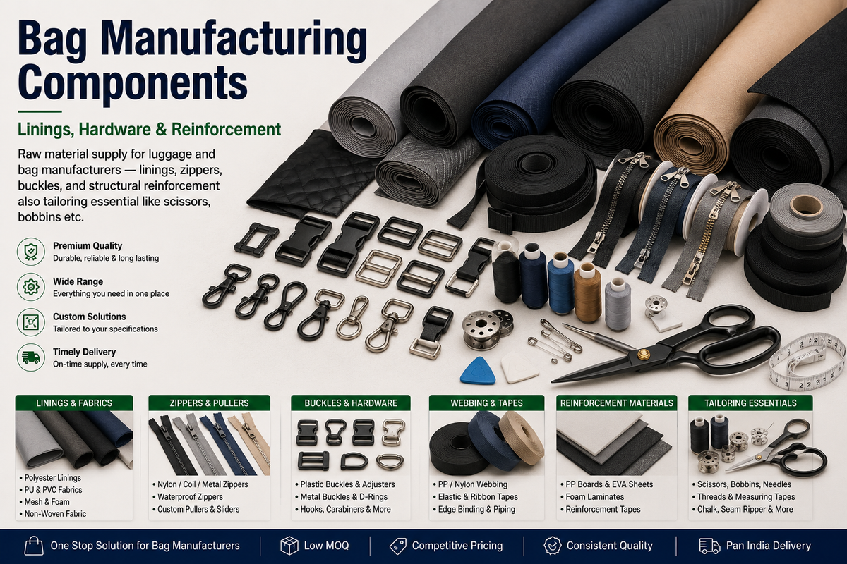 Bag manufacturing components including linings, zippers, buckles, hardware, webbing and reinforcement materials