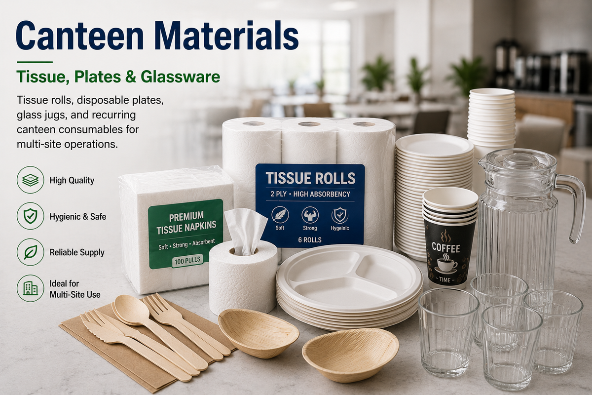 Canteen materials including tissue rolls, disposable plates, cups, napkins, glass jugs and food service supplies
