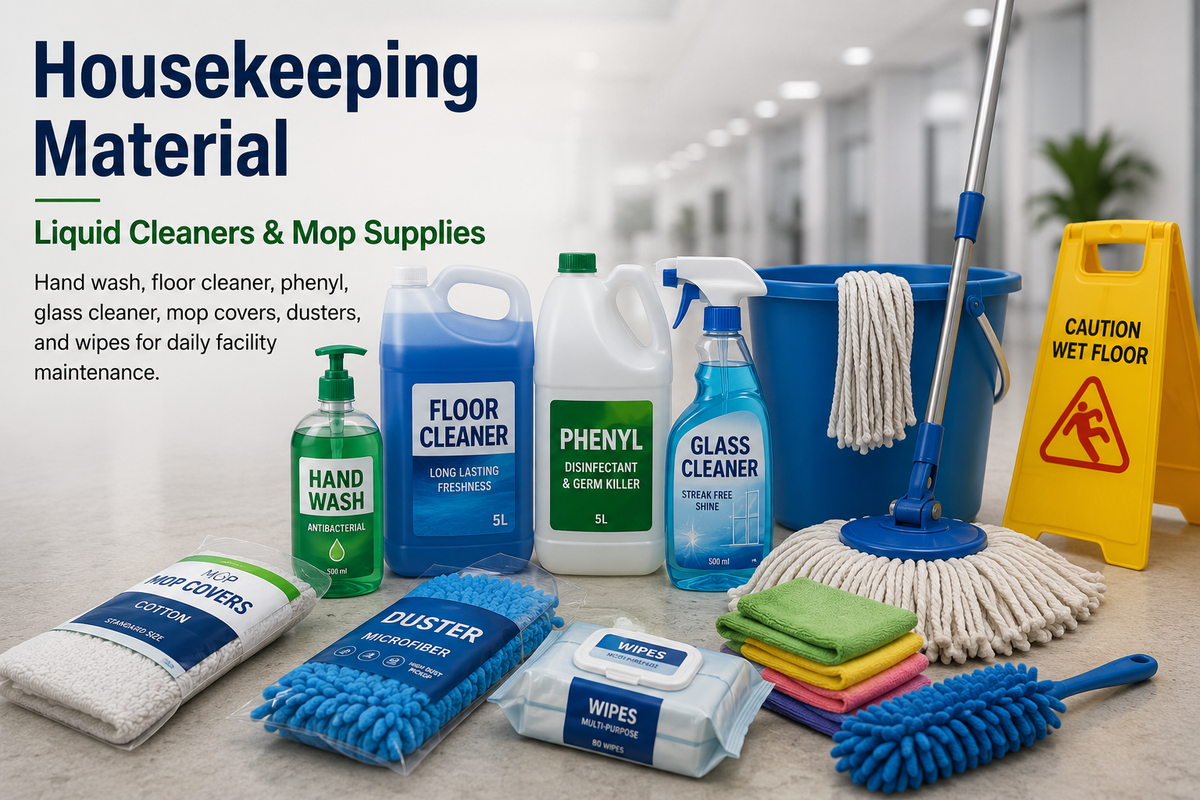 Housekeeping materials including hand wash, floor cleaner, mop supplies, and cleaning equipment