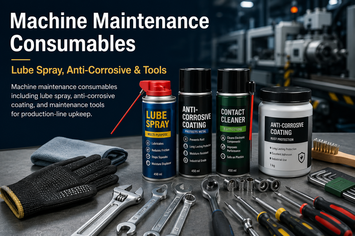Machine maintenance consumables including lubricant spray, anti-corrosive coating, and maintenance tools