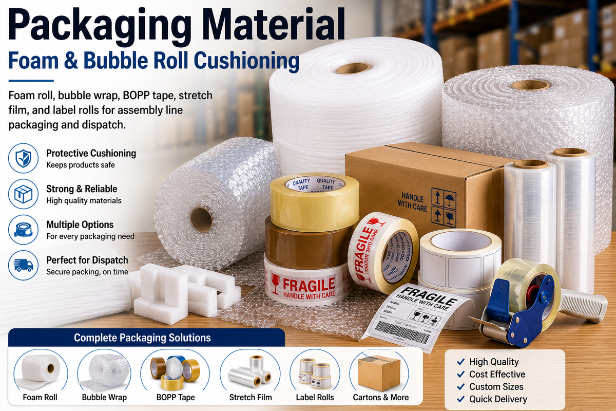 Packaging materials including foam rolls, bubble wrap, BOPP tape, stretch film and label rolls