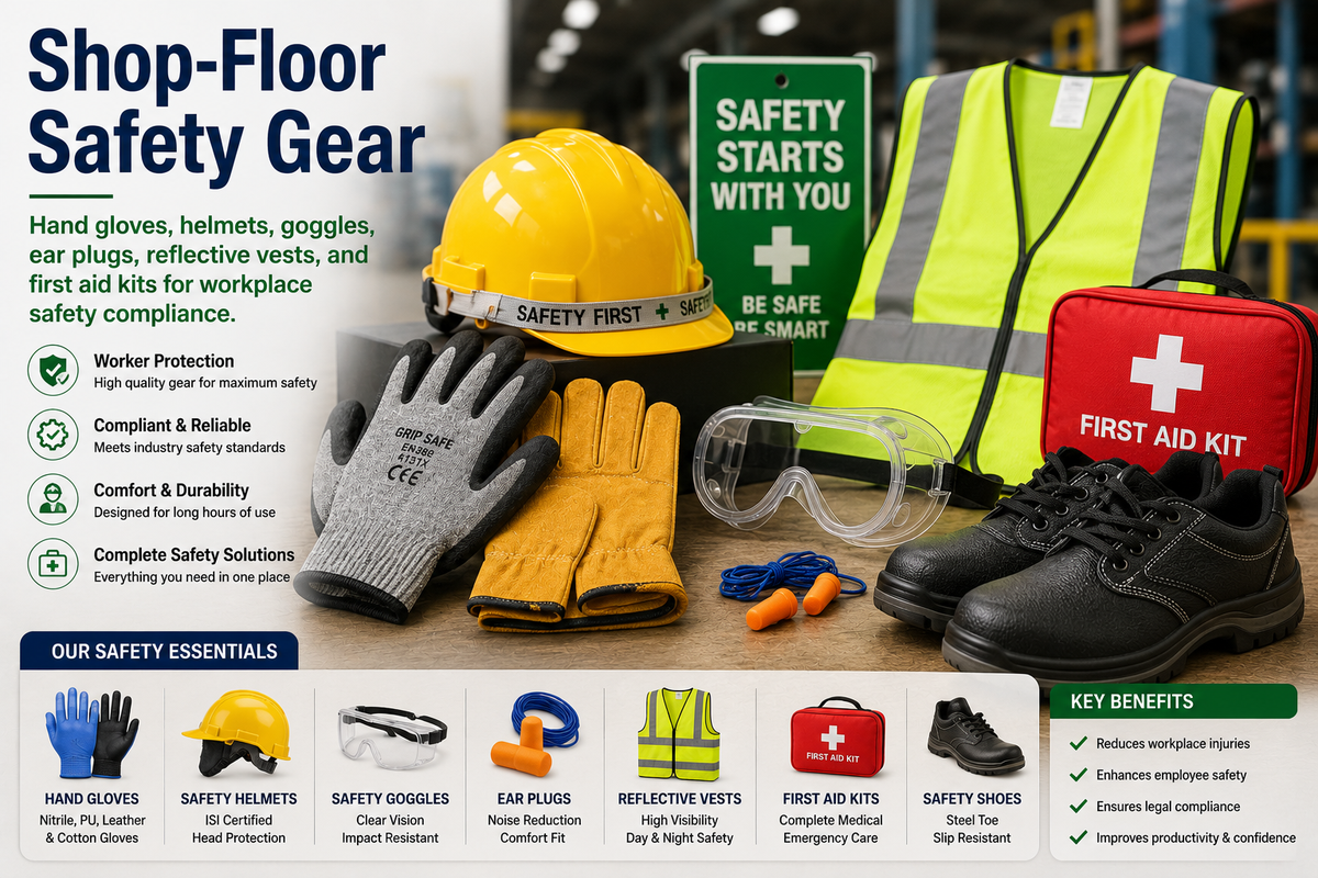Safety products including helmets, hand gloves, reflective vests, goggles, ear plugs and first aid kit