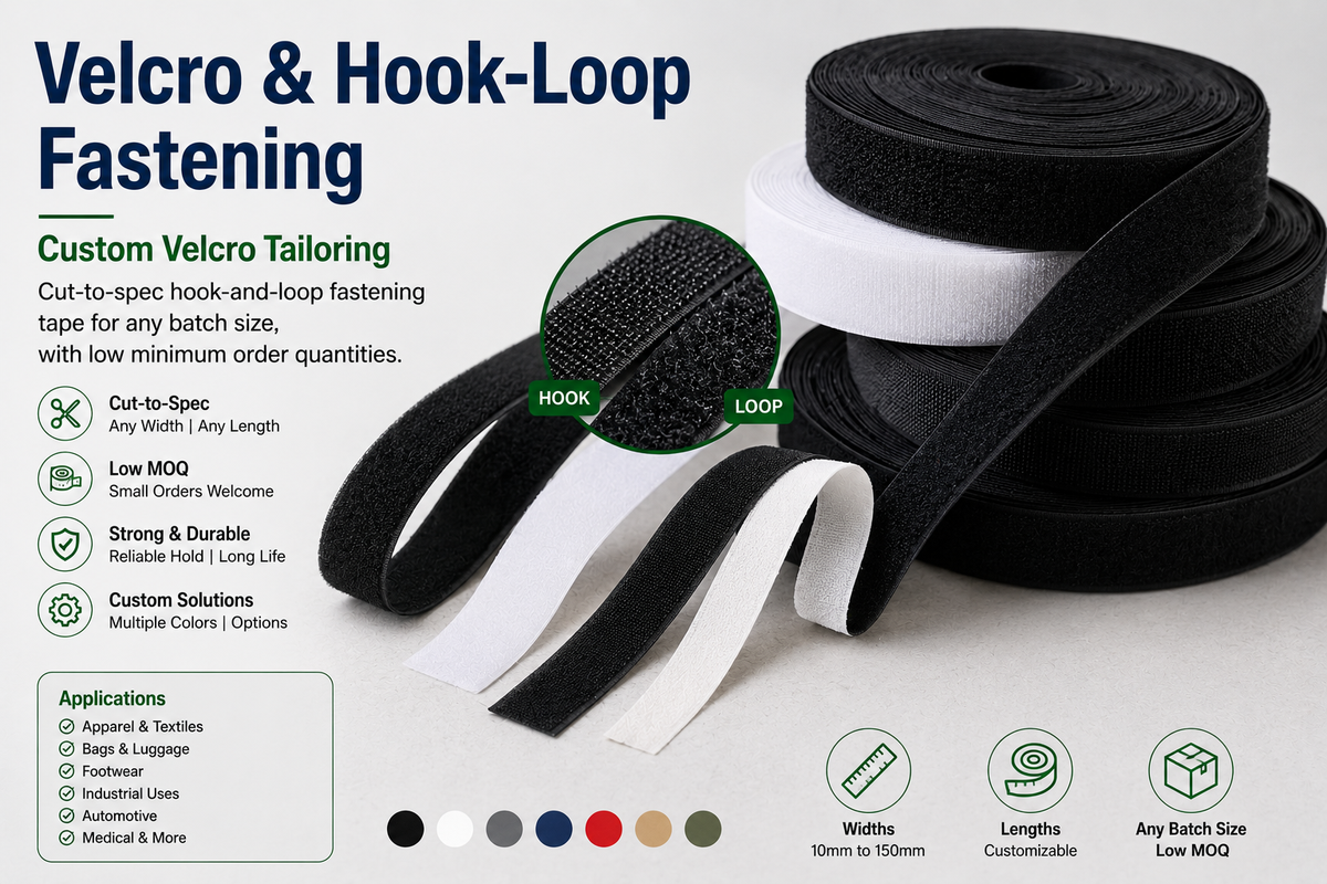 Custom velcro and hook-and-loop fastening tape in black and white, available cut-to-spec